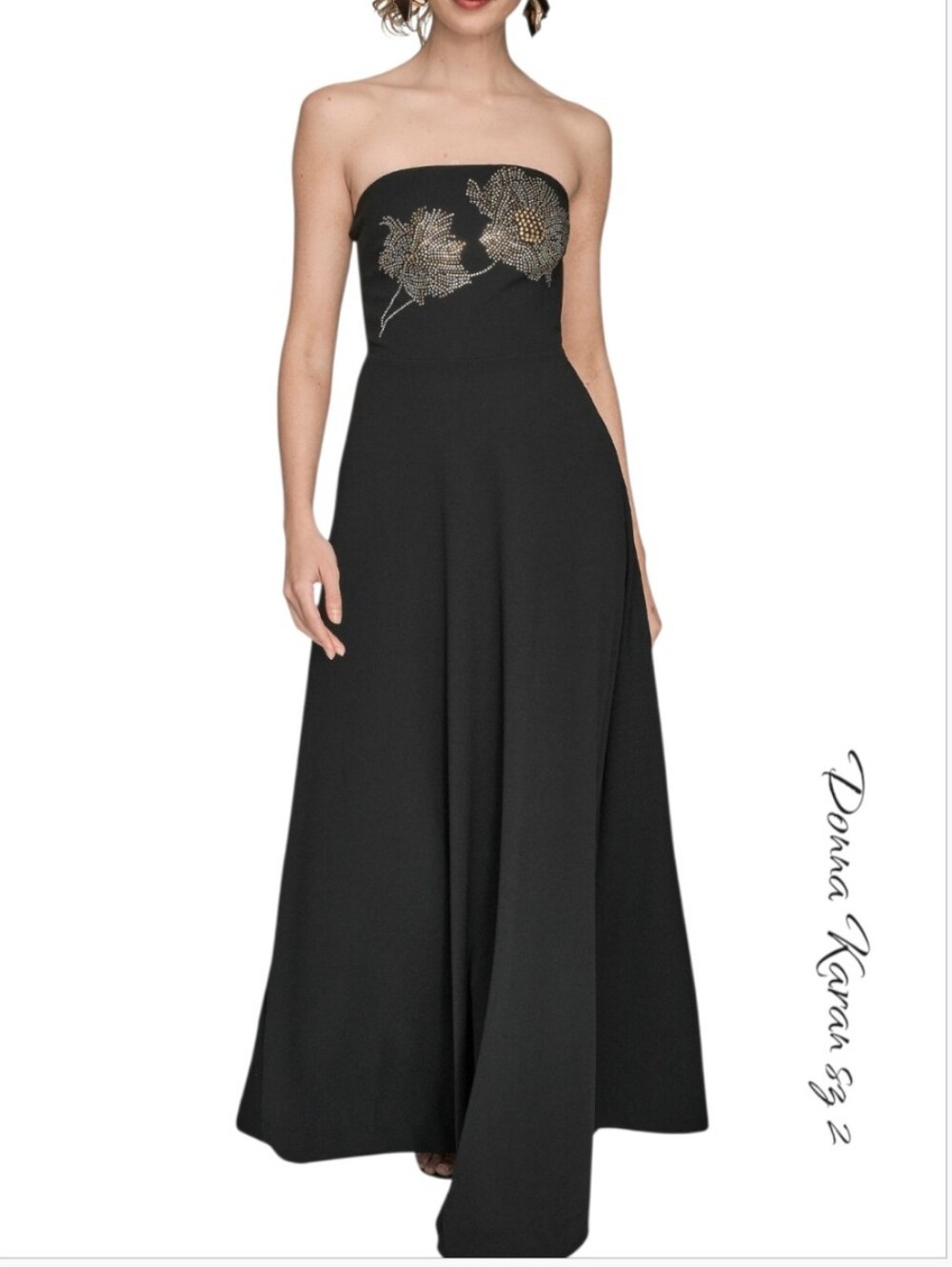 Donna Karan NY Crystal Embellished Floral Strapless Gown Dress Black 2 Formal